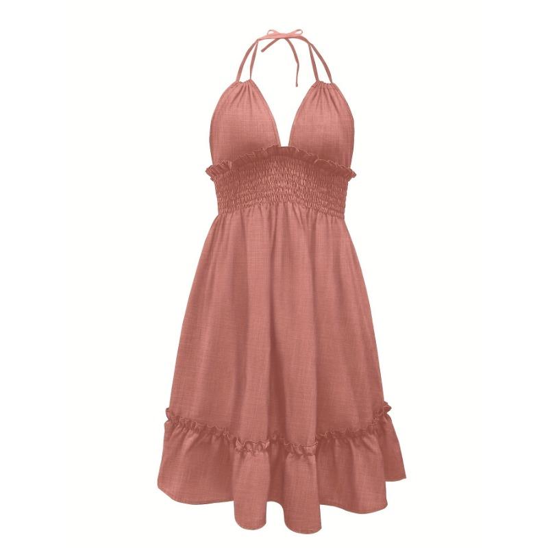 Vestido frente única com decote halter e costas nuas, vestido de festa com babados na cintura, roupas femininas