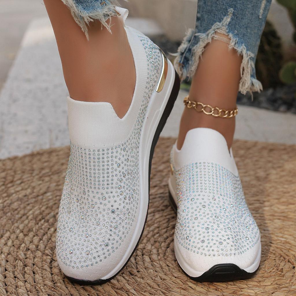 Fashion Rhinestone Women Shoe Casual Sneakers Wedge Flat Loafers Spring Summer New Knitted Single Shoes Adult Ladies Plus Size