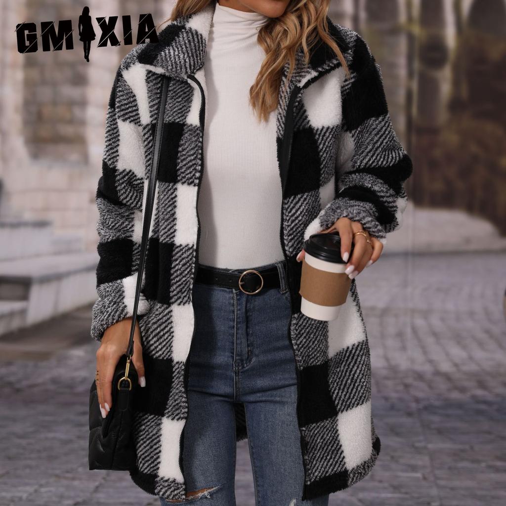 GMXIA Herbstmode Damen Revers Langarm Locker Kariert Reißverschluss Doppelseitiges Fleece Lässiger Langer Mantel
