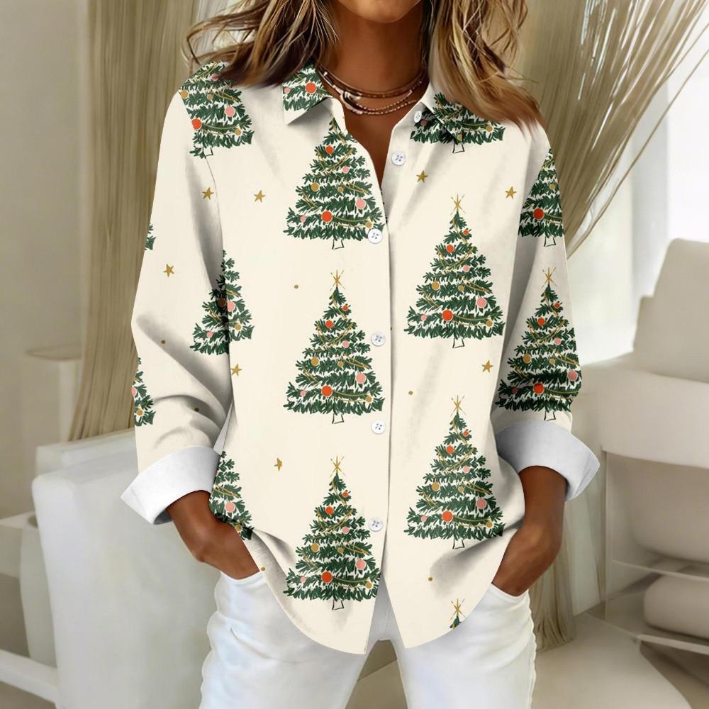 Red Christmas Santa Printed Women Long Sleeve Shirts Casual Autumn Elegant Tops