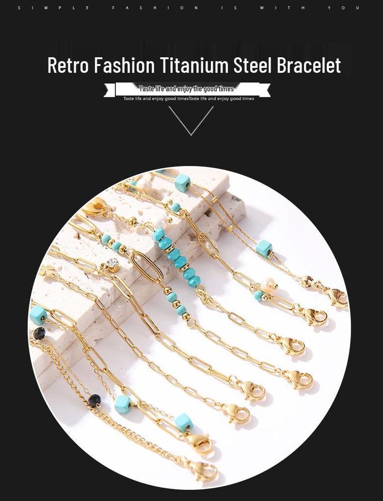 Damen Retro Türkis Titanstahl Perlenarmband - High-End Modeschmuck
