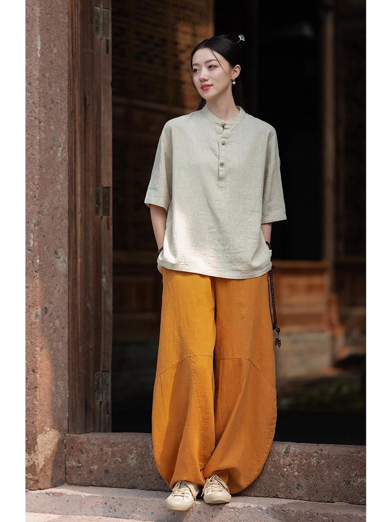 Women's Short-Sleeve Retro Frog Button Linen-Cotton Zen Top