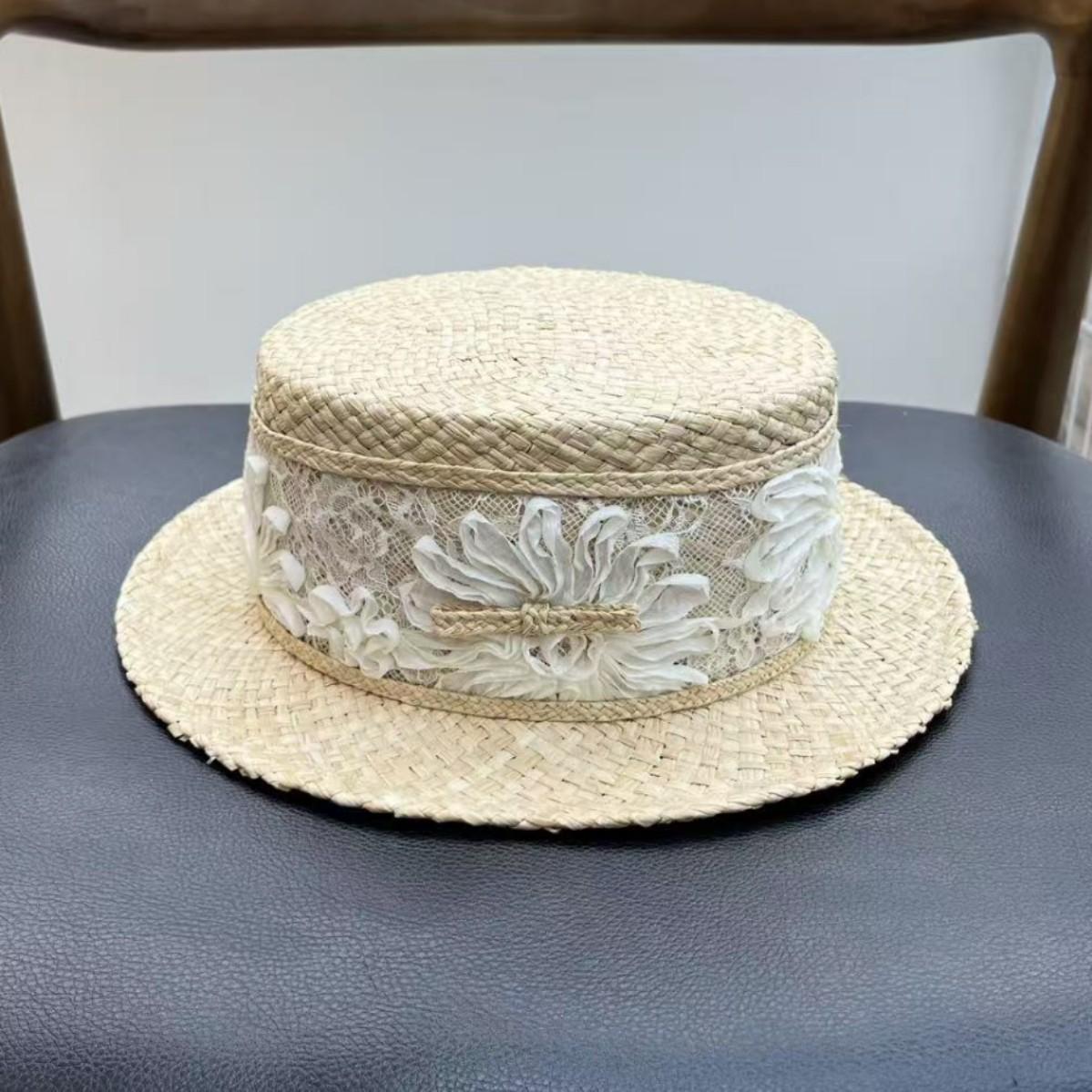 

High-end French raffia flat top foreign topper feminine versatile straw hat summer shade beach hat M（55-58cm）