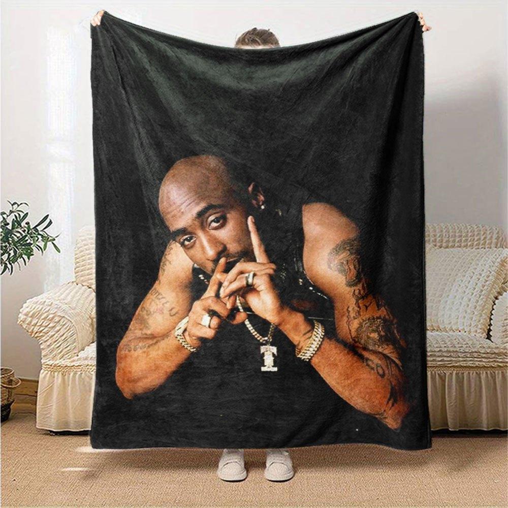 1pc 2PacHip Hop Blanket Soft Lightweight All Season Multi Purpose Throw for Sofa, Bed, Office & Picnics, French Style with Iconic Album Art & Quotes