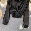 Spring French Design Sense Elegant Shirt Women Aesthetic Elastic Belt Waist Slim Short Blouse Female New Fashion Solid Retro Shirt Joker