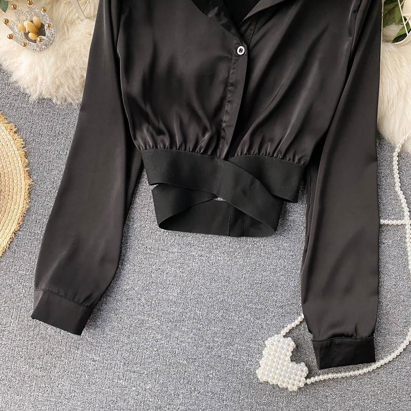 Spring French Design Sense Elegant Shirt Women Aesthetic Elastic Belt Waist Slim Short Blouse Female New Fashion Solid Retro Shirt Joker