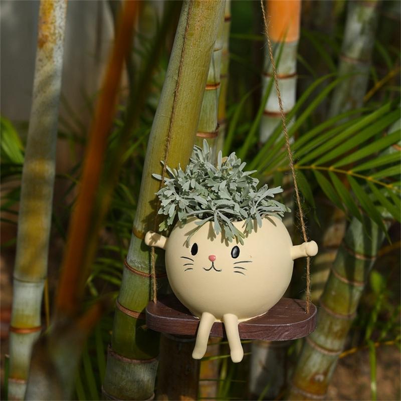 Playful Feline Shape Planter With Rocking Chair Design Lightweight Resin Flower Pot Decoration Fit for Home Balcony Desk