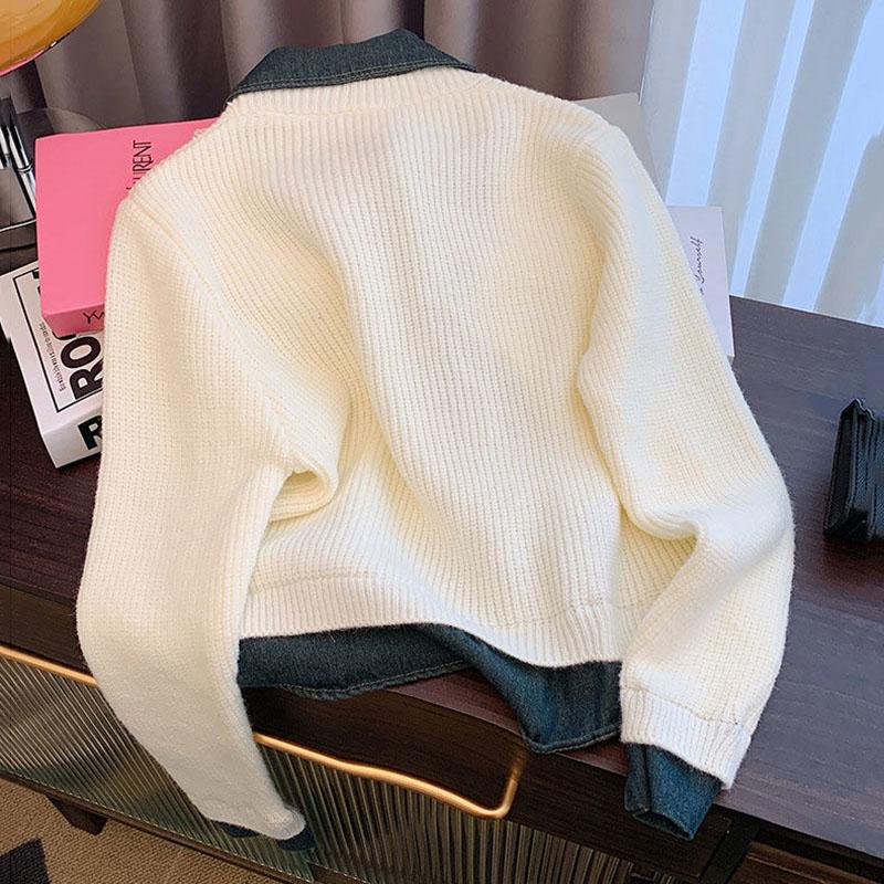 Podzim Zima Retro Pletený kardigan svetr Falešný dvoudílný Dámská móda Prošívaný džínový krátký kabát Dámské ležérní topy