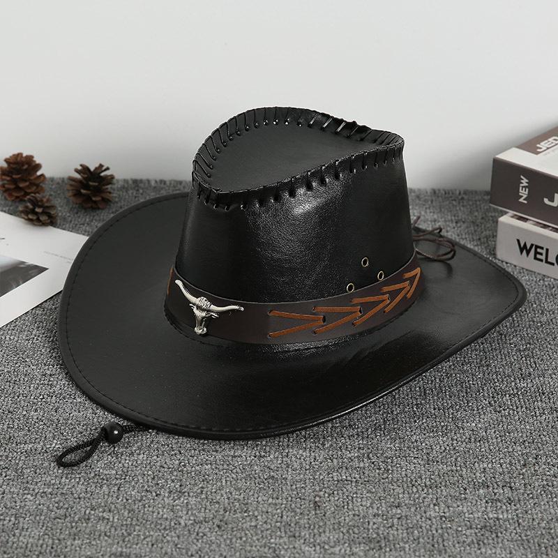 New Vintage Fashion Cow Head Decorated Western Cowboy Hat Faux Leather Panama Style Bucket Jazz Cap for Men