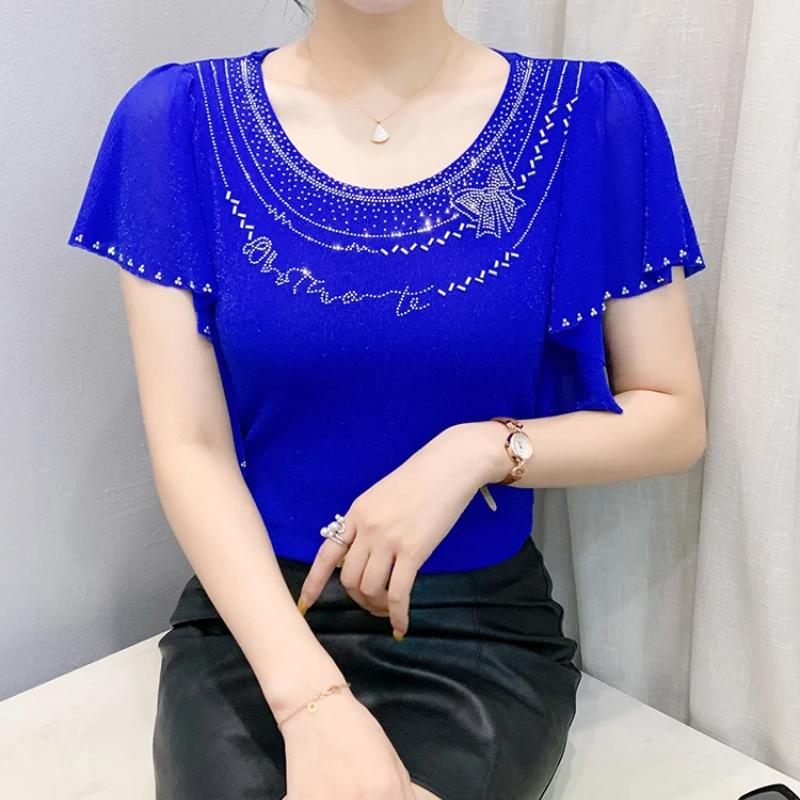 Summer New Elegant O-Neck Short Sleeved Mesh T-shirt Fashion Ruffles Hot Diamonds Women's Tees Chic Butterfly Sleeve Casual Tops