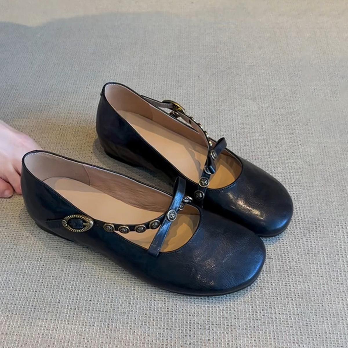 

Soft leather version~ French retro light mouth one-word buckle bow single shoe flat soft leather one-pedal Mary Jane shoes women 35