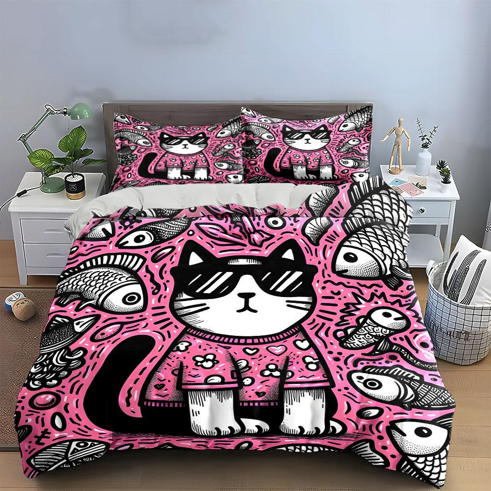 Cool Cat Outfit for Summer Vibes Exquisite Three-piece Bedding Set Gift for Kids and Adults