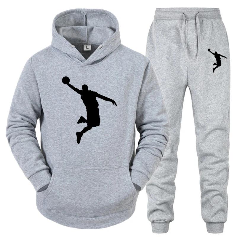 Fly-hoop Men Hoodie & Jogger Set, Leaping Basketball Athlete Silhouette and Matching Pant Graphic Print, Cozy Fleece Outfit for Street Sport Outings