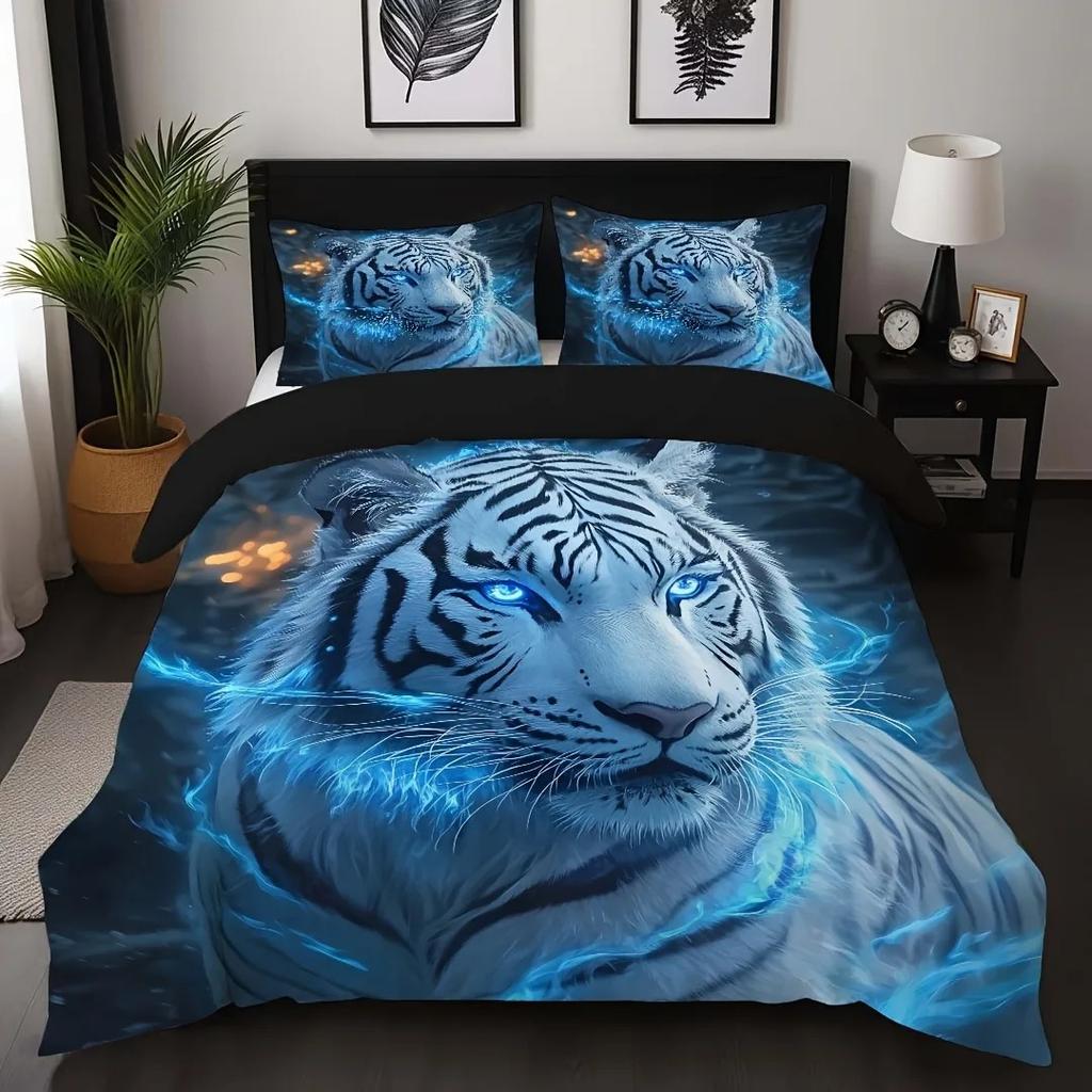 3Pcs Fashion Bedding Set Blue Tiger 3D Print Comfortable Breathable Duvet Cover King Queen Twin Single Size Boys Birthday Gift