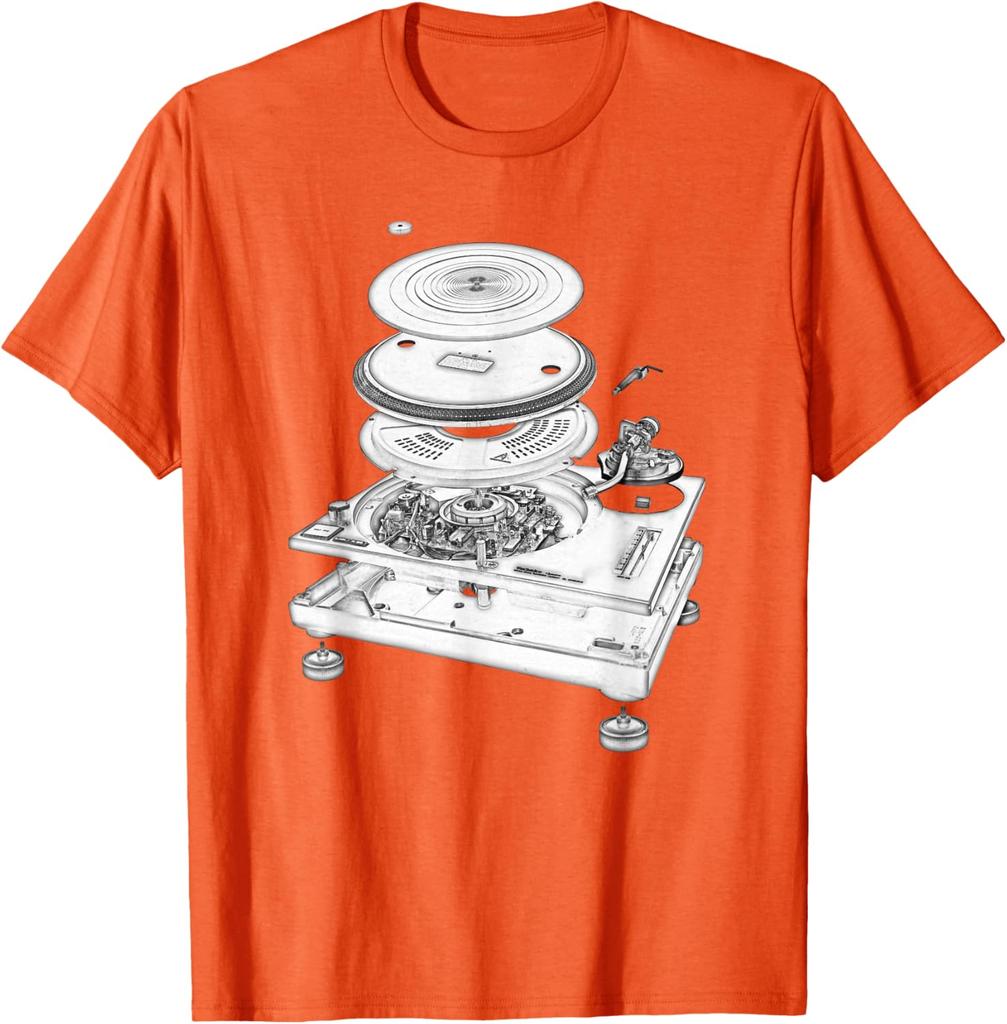 Turntable Exploded Blueprint DJ Graphic Tee Cotton Casual Short Sleeve TShirt