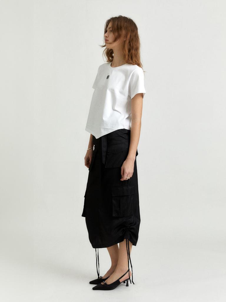 Muse Lily Side String Belted Satin Cargo Long Skirt_Black