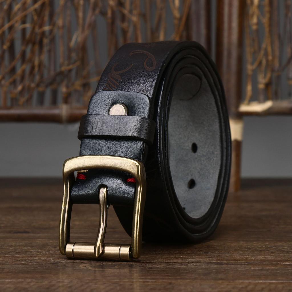 Belt Men's Retro Distressed Laser Carved Italian Vegetable Tanned Leather First Layer Pure Cattlehide Brass Buckle Belt