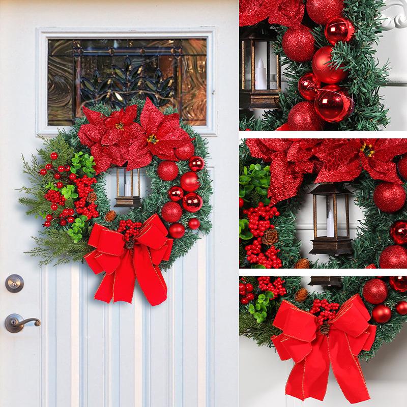 30cm Christmas Wreath With Lantern Front Door Garland With Large Bow Seasonal Ornament Christmas Decoration For Front Door Wall