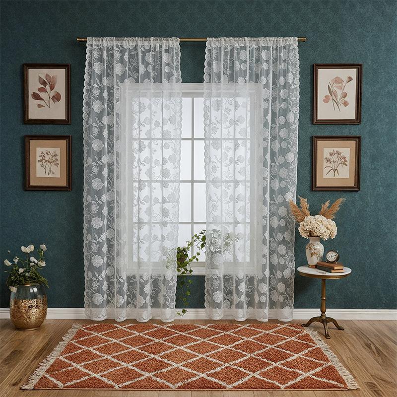 French Korean Wave Lace Gauze Curtain Living Room Bedroom Balcony Curtain Embroidery Partition Finished Curtain