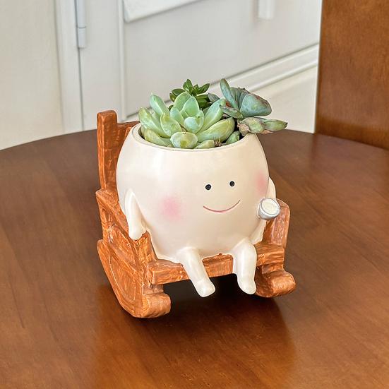 Rocking Chair Smily Face Planter Outdoor Unique Sit Rocking Chair Flower Pots Funny Planter Pot with Drainage Holes for Indoor Outdoor Plants