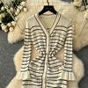 Autumn Winter Women Casual V-neck Three Quarter Sleeve Striped Knitted Sweater Long Midi Fishtail Dresses