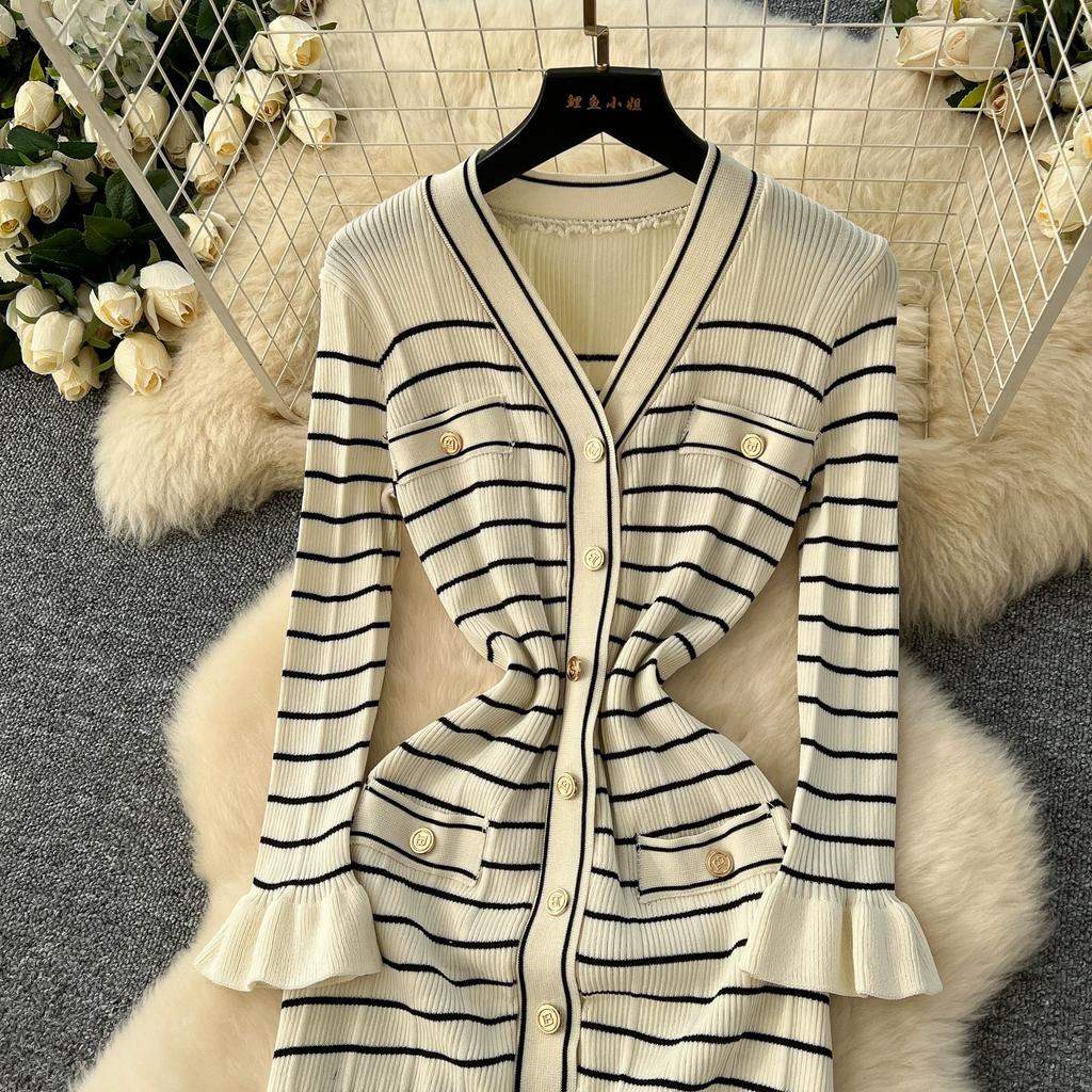 Autumn Winter Women Casual V-neck Three Quarter Sleeve Striped Knitted Sweater Long Midi Fishtail Dresses
