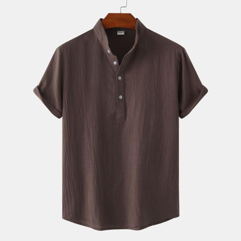 Summer Men's Cotton Linen Stand Collar Casual Short Sleeved Shirt Beach T-shirt Shirt Men's Clothing