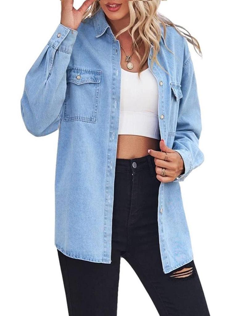 European Women's Long-Sleeved Denim Button-Up Shirt - Casual Spring Top