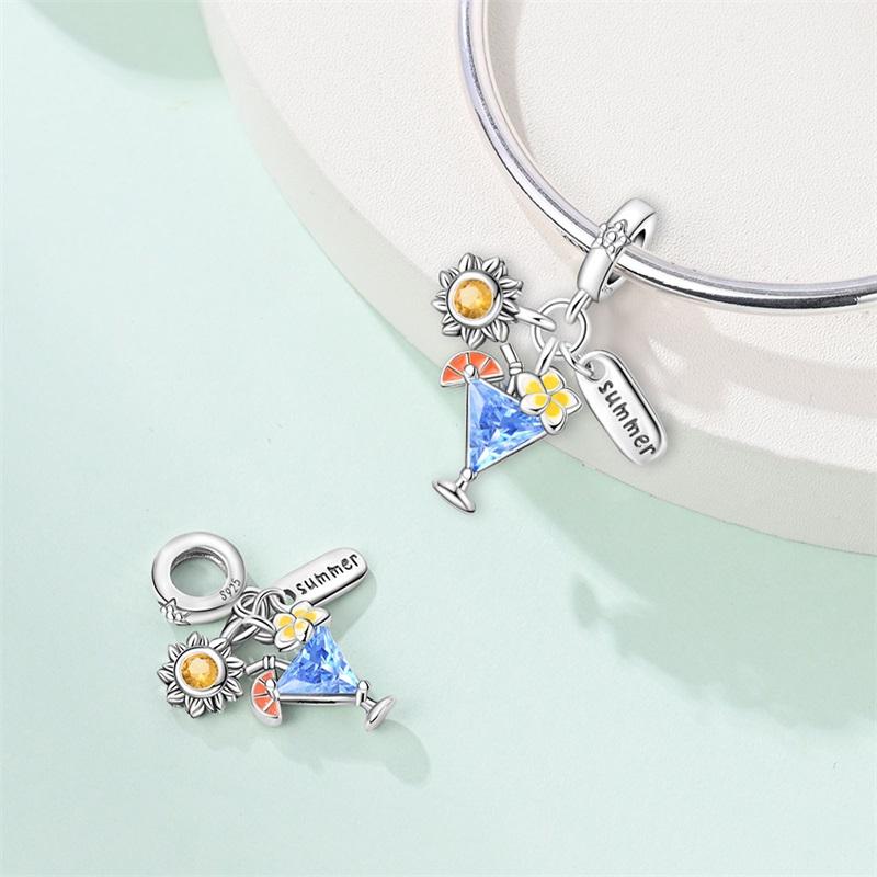 Happy Summer 925 Silver Seaside Vacation Island Coconut Tree Sunglasses Juice Charms Beads Fit Qikaola Bracelets DIY Jewelry