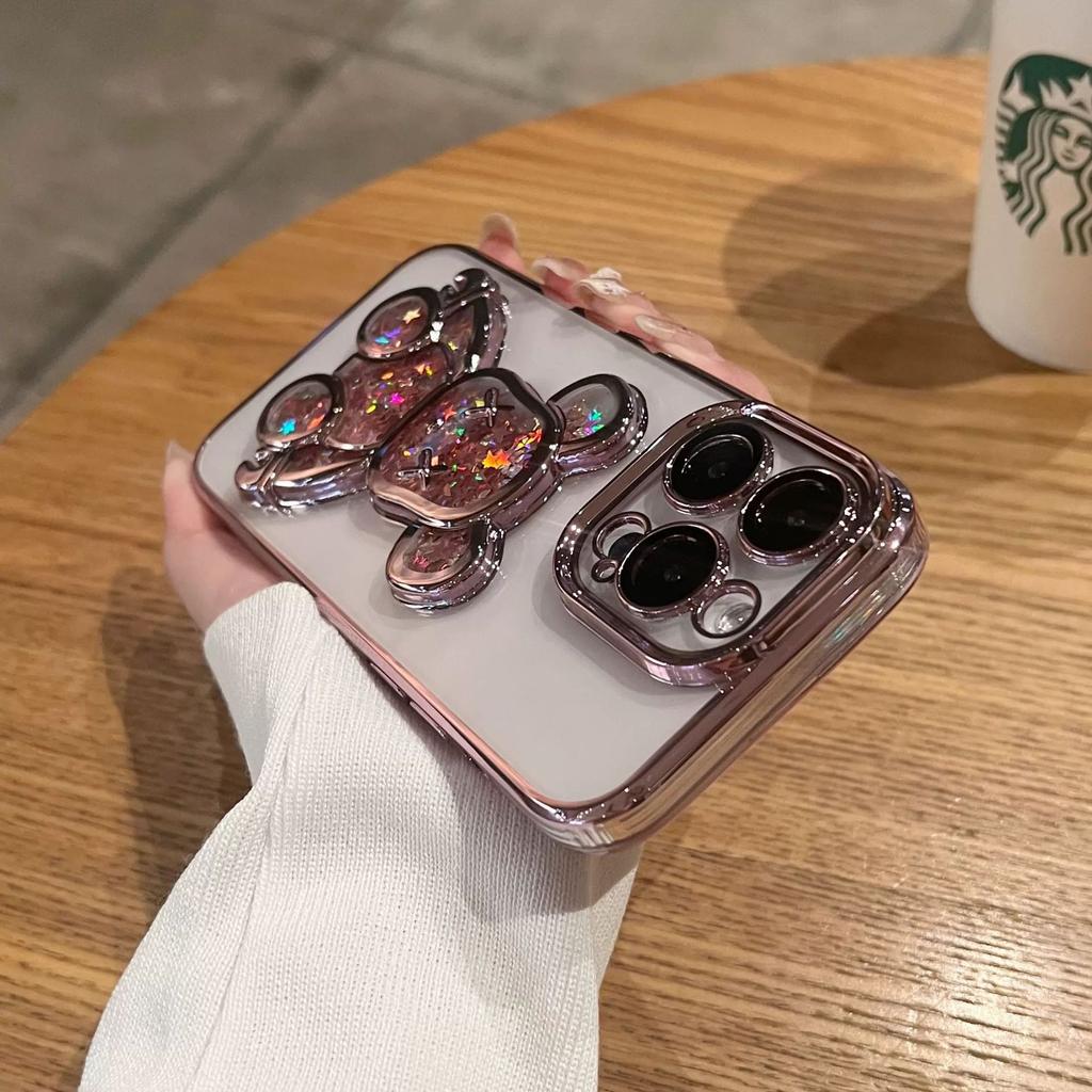 Electroplating quicksand violent bear is suitable for iPhone17 mobile phone case with glass lens film Apple 16 transparent soft case