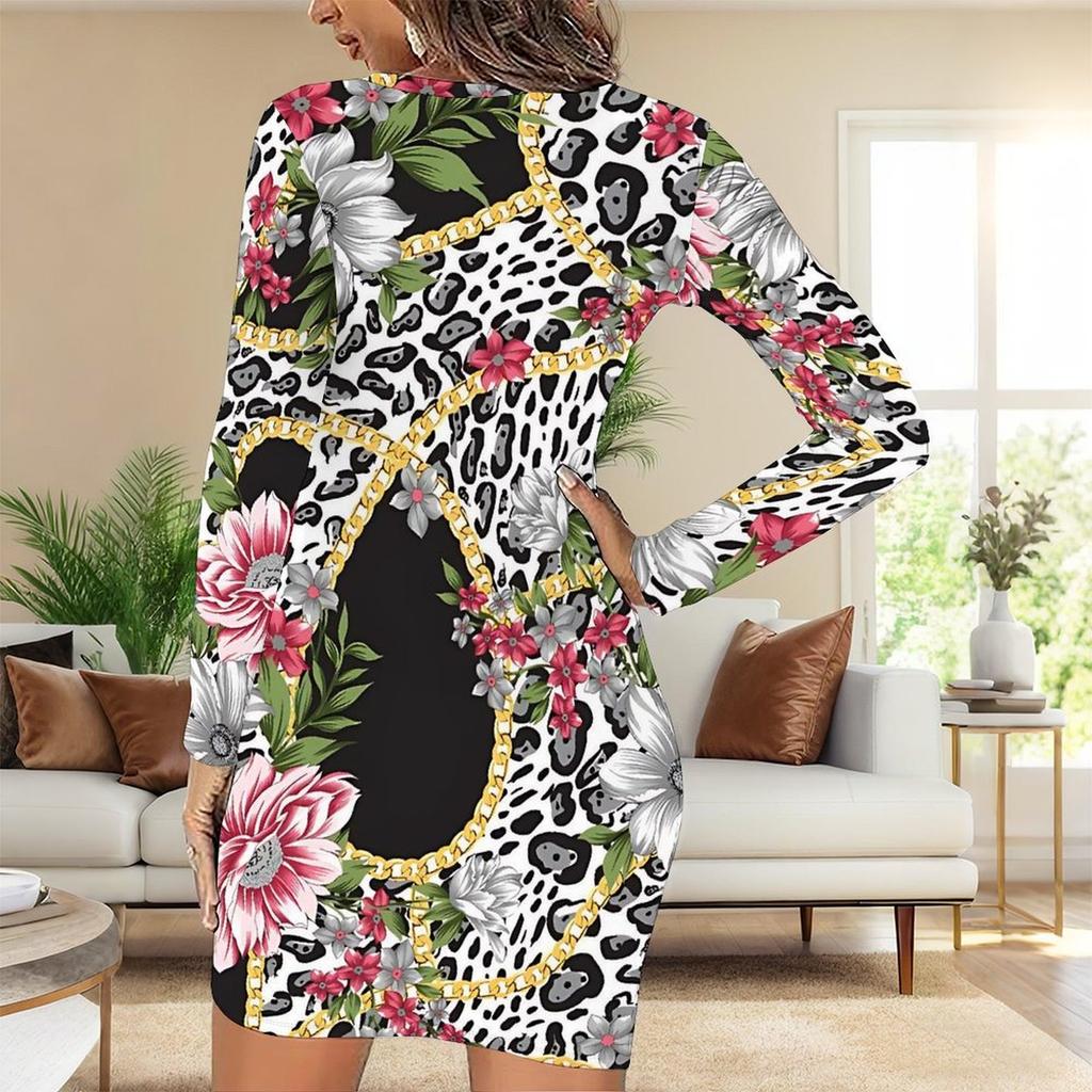 2025 Outono e Inverno Novo Estampa Floral 3D e Tingimento Moda Feminina Manga Longa Gola Redonda Vestido Envolvente de Quadril Dia dos Namorados Limitado