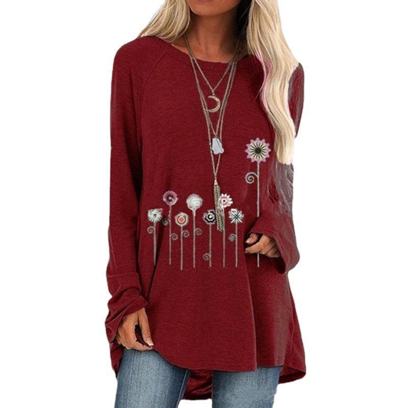 Ladies Flowers Printed Round Neck Long Sleeves Plus Size Cotton Tunic Loose T-Shirt Summer New Casual Fashion Women Clothing