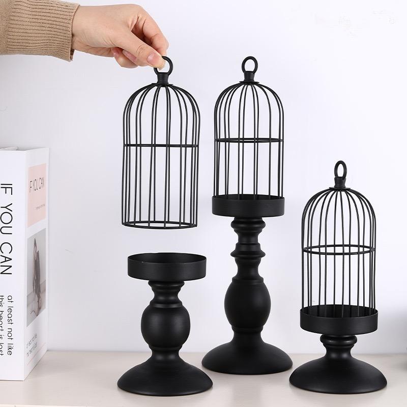Černý kovový svícen Retro Bird Cage Svícen Jídelní stoly Středové díly Řemesla Svatební párty Domácí dekorace