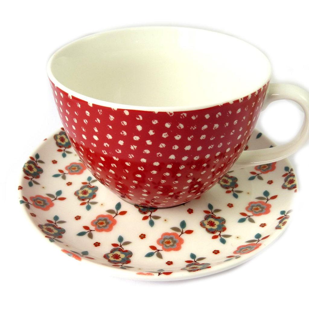 Les Trésors De Lily [N8497] - Cup + Saucer 'Vintage Design' Red Beige Liberty - Cup 11x7 Cm