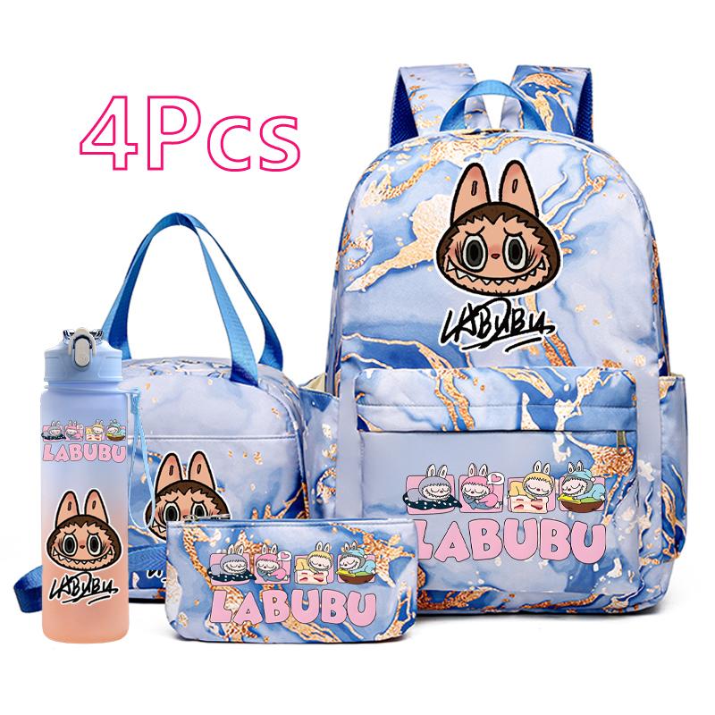 4Pcs/set Cute Anime Pirnted Backpack 750Ml Water Bottle Lunch Bag Pencil Bag Outdoor Student Girl Large Capacity Schoolbag Water Cup