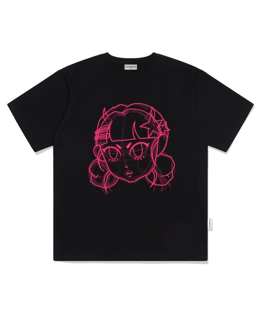 ESCAPEFROM Drawing Star Girl Print Oversized Short Sleeve T-Shirt Black