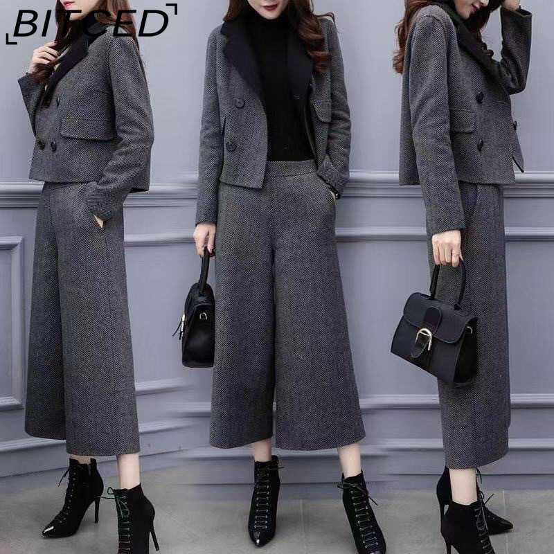 BITCED Women's Fall/Winter Two-Piece Set: Herringbone Tweed Blazer & Wide-Leg Pants Casual Fashion Set
