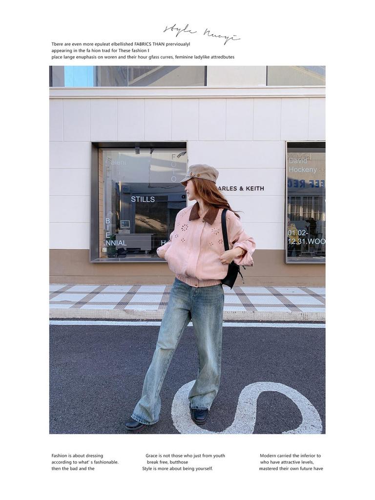 Korean-Style Pink Suede Short Jacket for Women - 2025 Autumn, Hollow Design, Age-Defying, Petite Fit, Fashion-Forward.