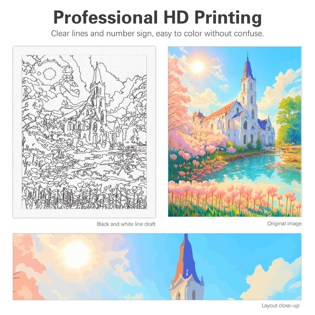 RUOPOTY Moderní DIY Malování podle čísel s rámem Hrad a květiny Ručně malované Akrylové barvy podle čísel pro domácí dekorace