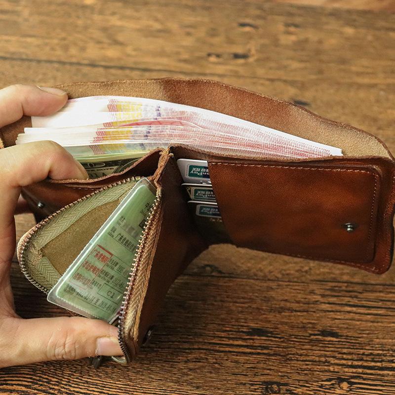 New Top Layer Cowhide Wallet for Men, Retro Two Fold Short Zipper Wallet, Pleated Handmade Old Cowhide Wallet