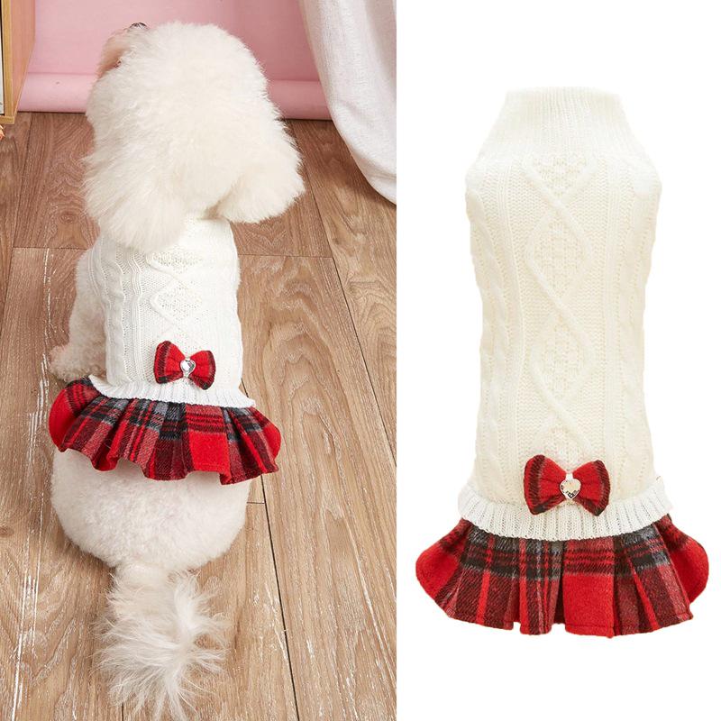 Pet Fall/Winter Outfit: Knit Sweater & Plaid Skirt with Bow-Tie for Dogs and Cats, Faux Two-Piece Design