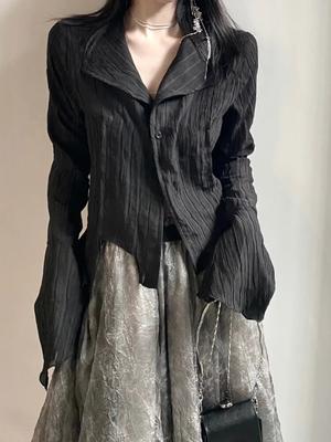 Retro Black Elegant Office Lady Blouse Women Harajuku Vintage Pleated Button Shirt Korean Fashion Long Sleeve Aesthetic Tops