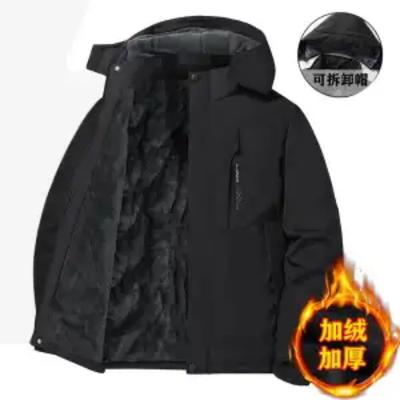 Jaqueta Masculina Outono e Inverno com Capuz Preta para Exterior Tamanho Grande Impermeável e à Prova de Vento Tendência Casual Acolchoada com Veludo Estilo Americano