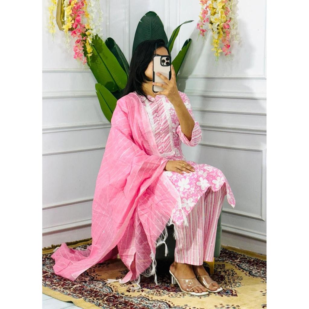 Indian Designer Kurta Pant Dupatta Set Women Bollywood Top Tunic Cotton Kurti VSO-1736 c