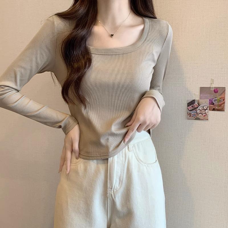 Curved hem square neck long-sleeved T-shirt for women in autumn new hot girl slimming short style layered with clothes