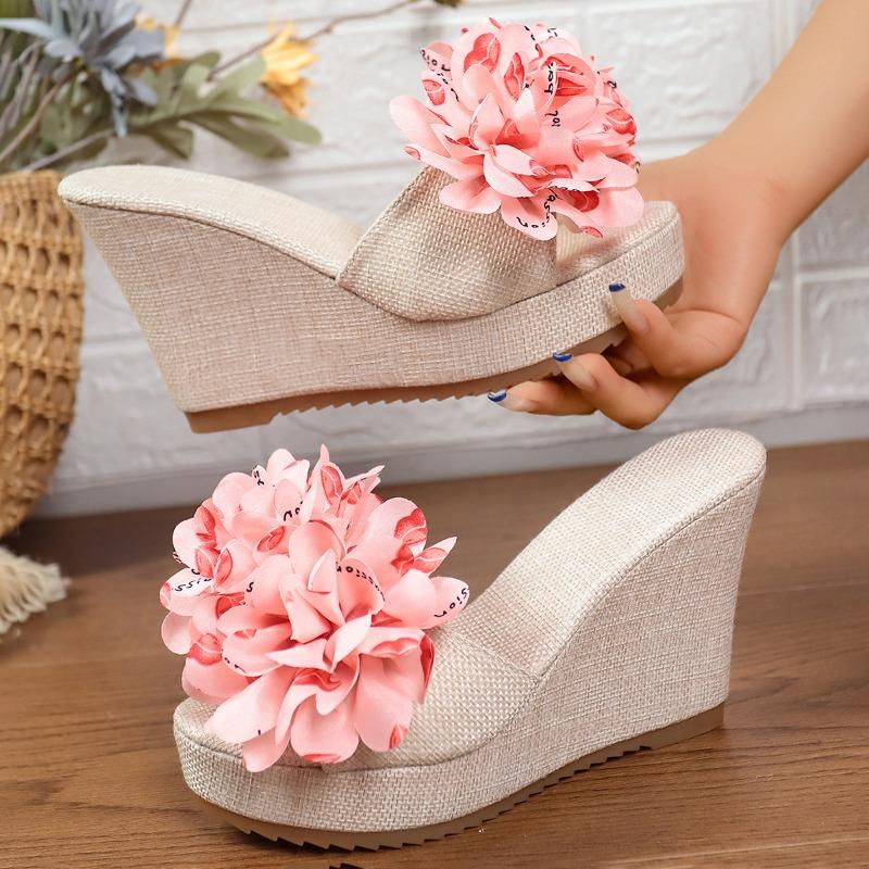 Summer new muffin wedge heel one-word slippers women's thick bottom sweet flower outer wear fashionable super high heel slippers