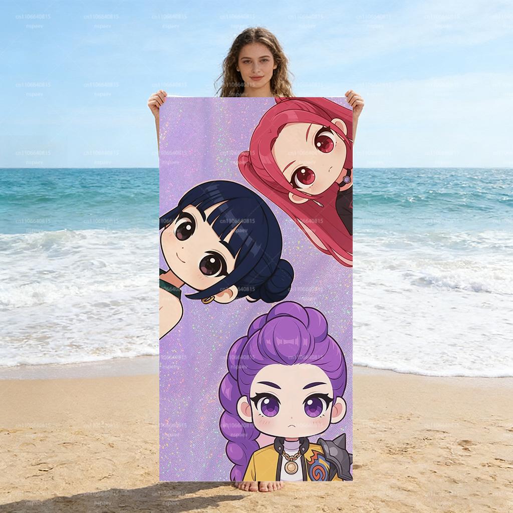 

K-Pop Girl Group Chibi Anime Beach Towel, Glitter Purple Print Quick Dry Bath Towel, Soft Microfiber Fan Gift Blanket W30*H60(CM)
