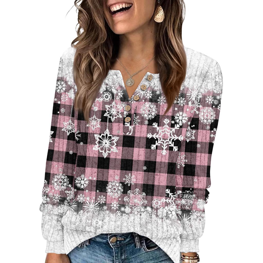 Women's Fashion V-Neck Button-Up T-Shirt With Christmas Print Long-Sleeved Top