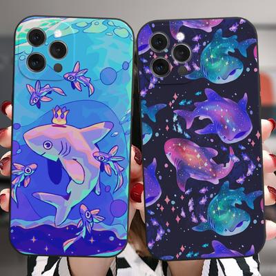 For Iphone 13 11 12 14 Pro Max X Xs Xr Mini 6s 7 8 Plus Xsmax Black Case Cosmic Whale Shark Animal Art Silicone Protective Cover