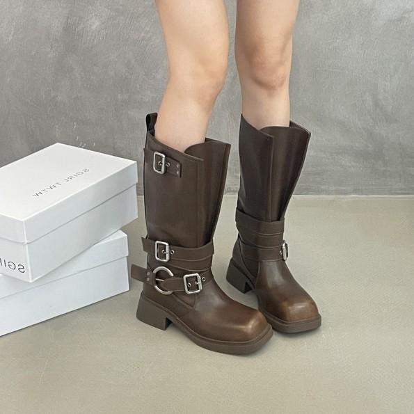 Retro Style Polished Square-Headed Knight Boots Women'S Spring Versatile But Knee-High Boots Slim Casual Boots